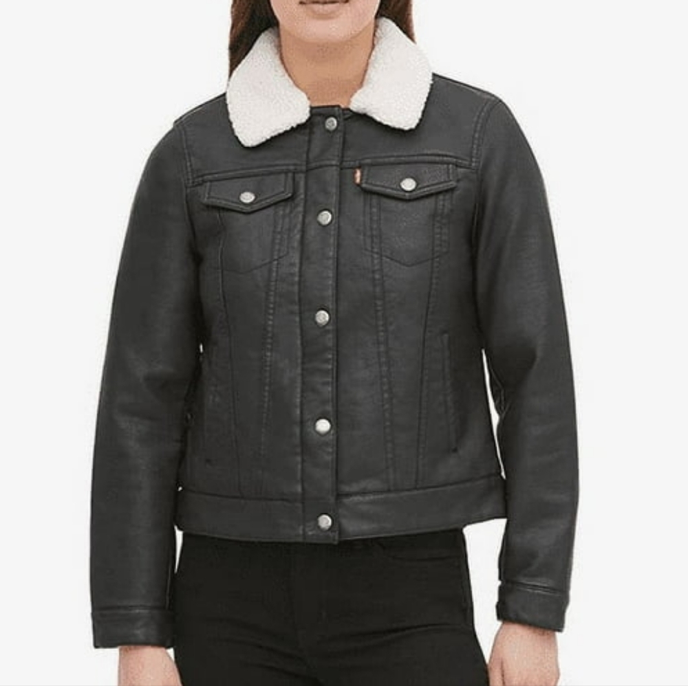 Levi's Women's Sherpa Faux Leather Trucker Jacket - Black/ Cream Sherpa - Small